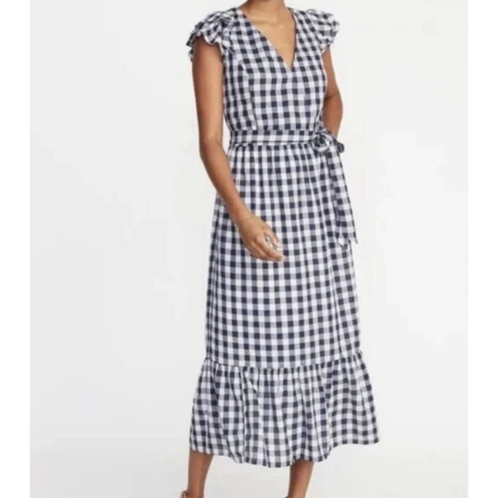 Old Navy Gingham Wrap Dress Flutter Sleeve Size Large Blue White Check Cotton